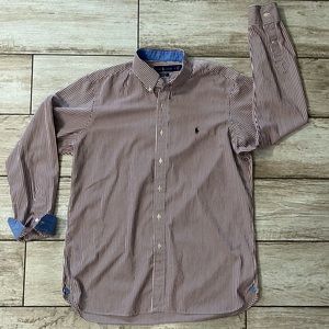 Ralph Lauren Blue Gold Label Red Burgundy Striped Long Sleeve Large Shirt Button